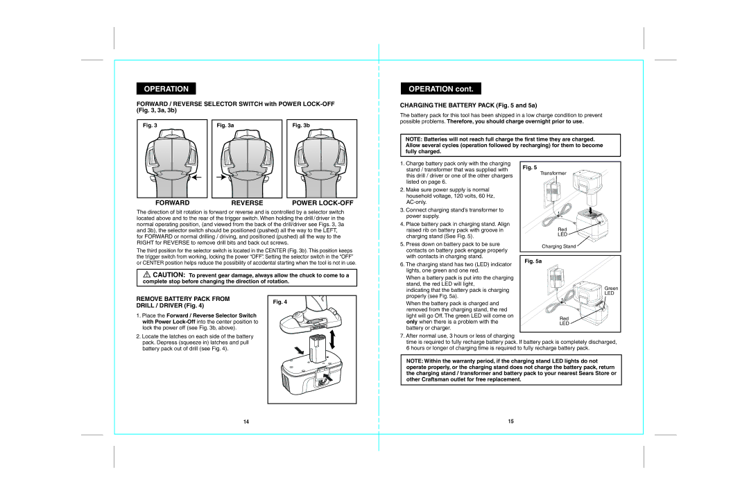 Craftsman 172.67098 Power LOCK-OFF, Charging the Battery Pack and 5a, Remove Battery Pack from, Drill / Driver Fig 