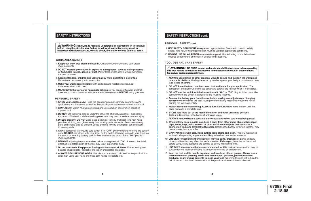 Craftsman 172.67098 operating instructions Safety Instructions, Work Area Safety, Personal Safety, Tool USE and Care Safety 