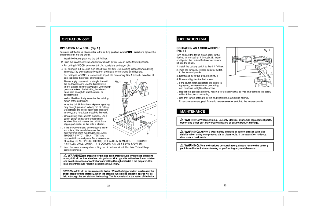 Craftsman 172.67098 operating instructions Operation AS a Drill Fig, Operation AS a Screwdriver Fig 