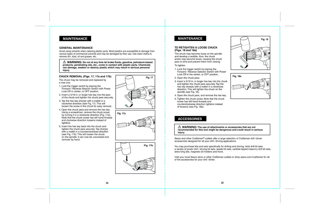 Craftsman 172.67098 General Maintenance, To Retighten a Loose Chuck Figs and 18a, Chuck Removal Figs , 17a and 17b 