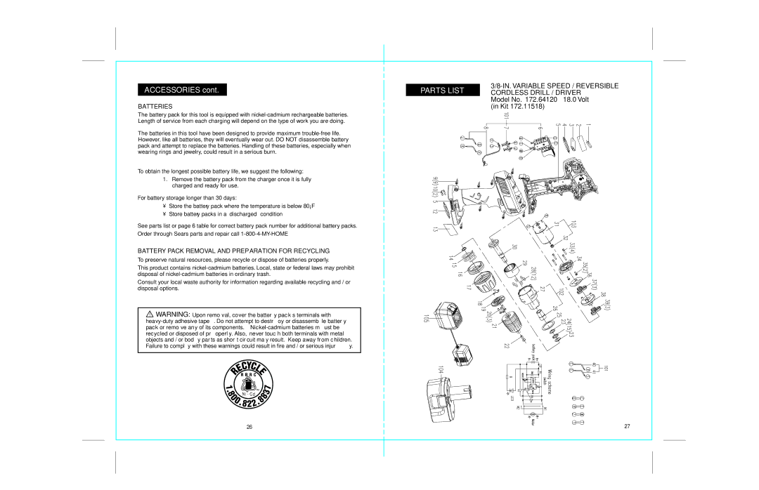 Craftsman 172.67098 operating instructions Accessories, Cordless Drill / Driver 