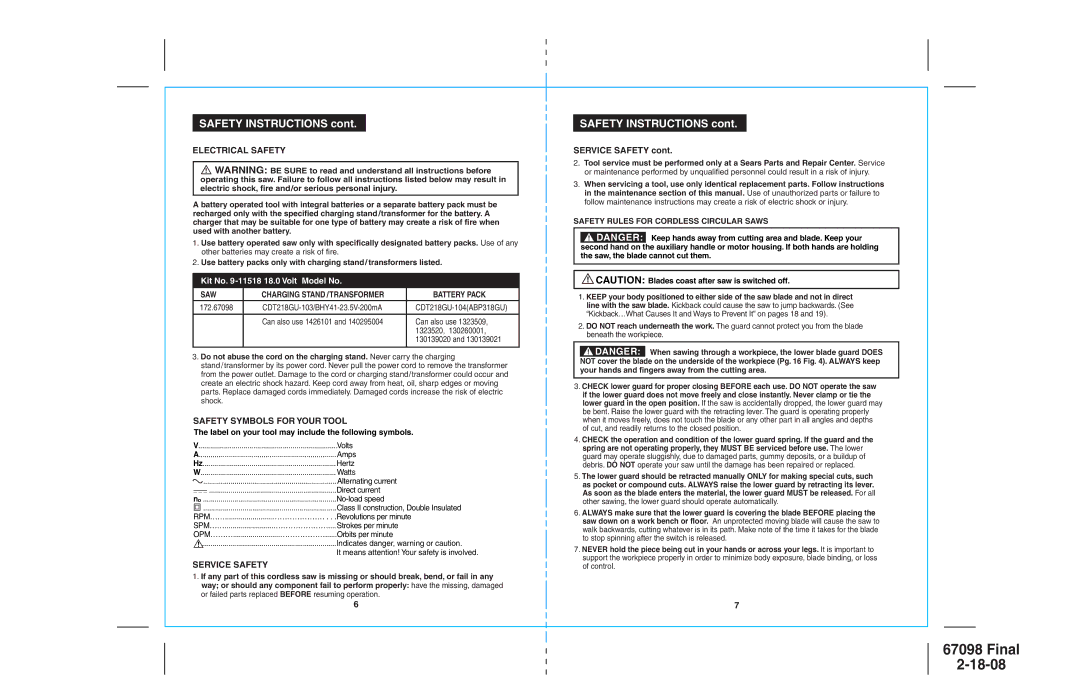 Craftsman 172.67098 Electrical Safety, Saw, Battery Pack, Safety Symbols for Your Tool, Service Safety 