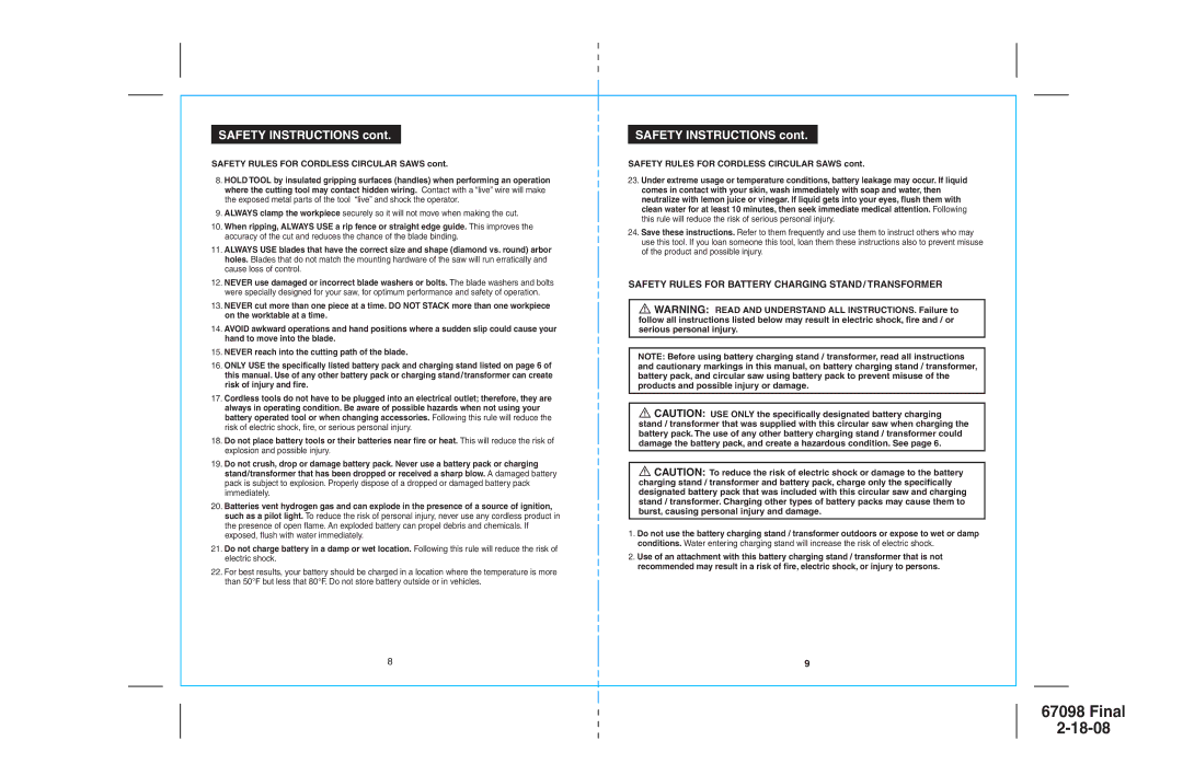 Craftsman 172.67098 operating instructions Safety Rules for Battery Charging STAND/ Transformer 