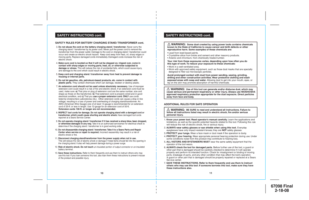 Craftsman 172.67098 Safety Rules for Battery Charging STAND/ Transformer, Additional Rules for Safe Operation 