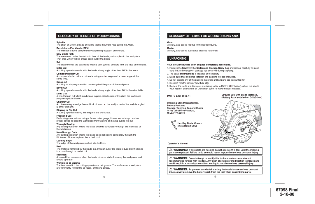 Craftsman 172.67098 operating instructions Glossary of Terms for Woodworking, Unpacking, Parts List Fig 