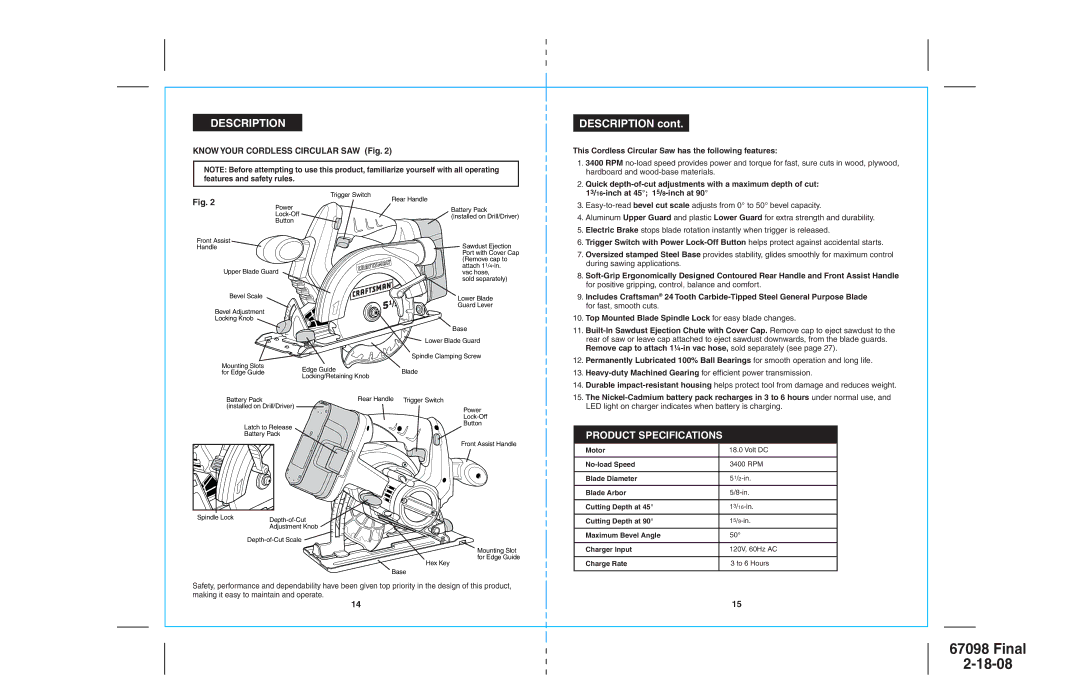 Craftsman 172.67098 operating instructions Description, Know Your Cordless Circular SAW Fig 