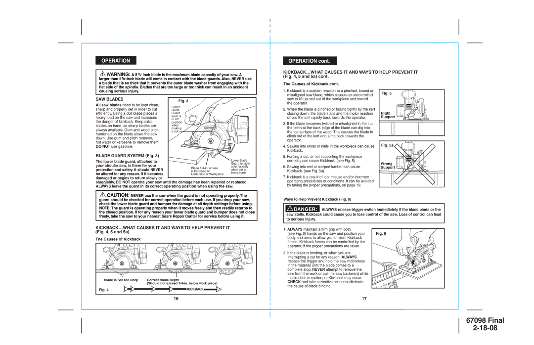 Craftsman 172.67098 operating instructions Operation, SAW Blades, Blade Guard System Fig 