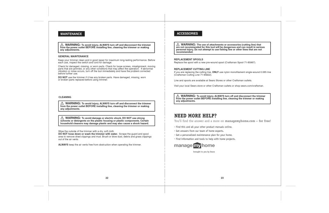 Craftsman 172.74544 warranty General Maintenance, Cleaning, Replacement Spools, Replacement Cutting Line 