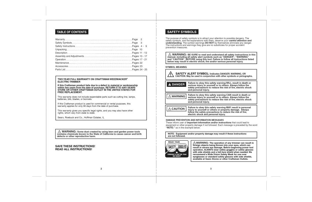 Craftsman 172.74544 warranty Symbol Meaning, Damage Prevention and iNFORMATiON Messages 