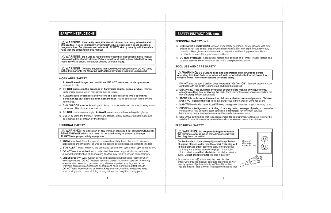 Craftsman 172.74544 warranty Personal Safety, Work Area Safety, Operation of any trimmer 