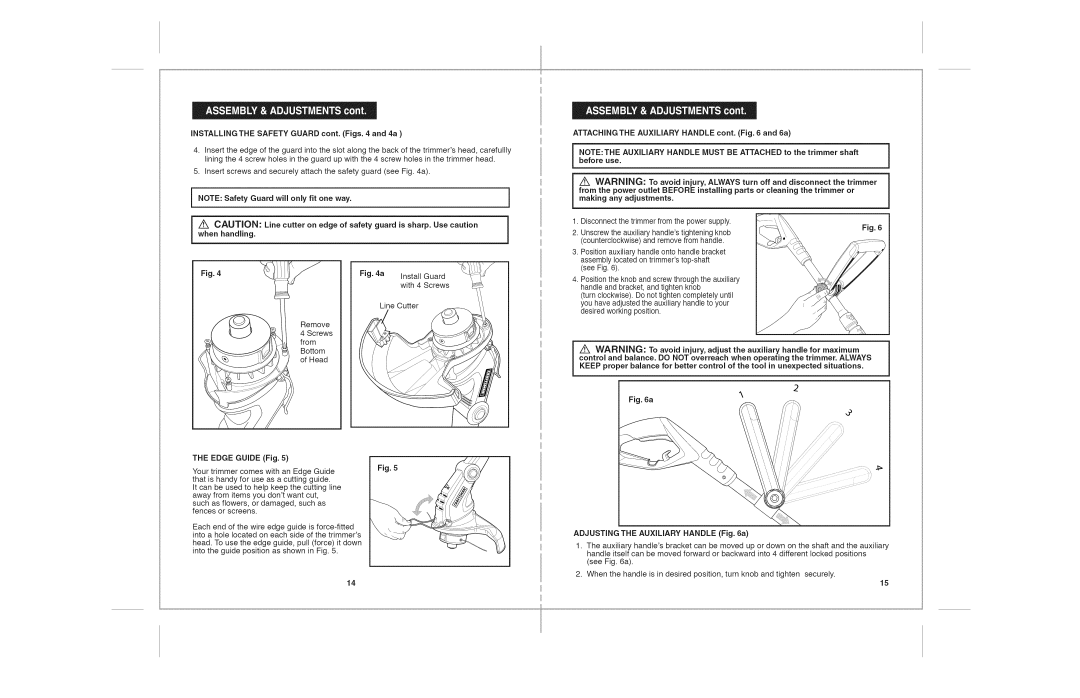 Craftsman 172.74544 warranty Installing the Safety Guard cont. Figs and 4a, Handling, Adjusting the Auxiliary Handle a 