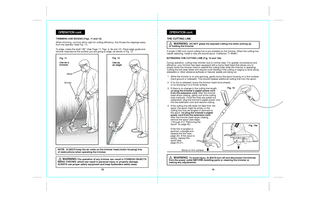 Craftsman 172.74544 warranty Operation, Cutting Line, Trimming and Edging Figs, Use as a Trimmer An edger Mask Gloves 