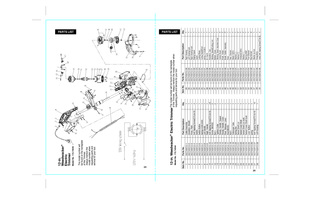 Craftsman 172.74544 warranty 12-in. Weedwacker Electric Trimmer, Parts List 
