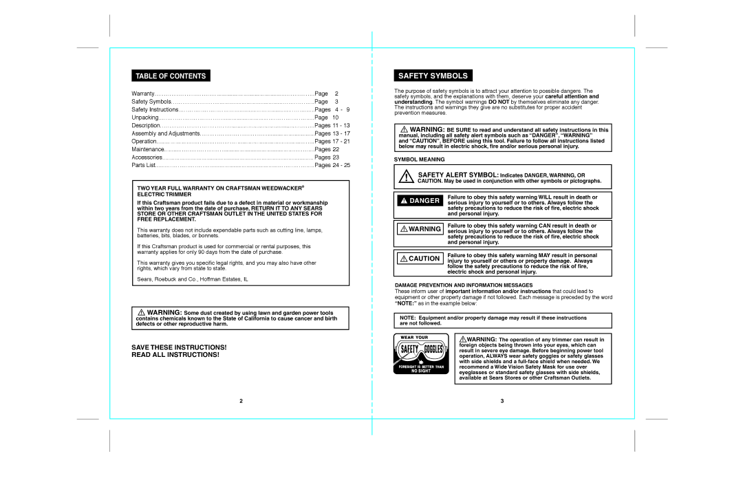 Craftsman 172.74544 warranty Safety Symbols, Table of Contents 