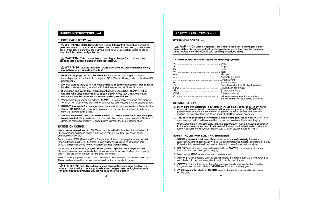 Craftsman 172.74544 warranty Electrical Safety, Extension Cords, Service Safety, Safety Rules for Electric Trimmers 