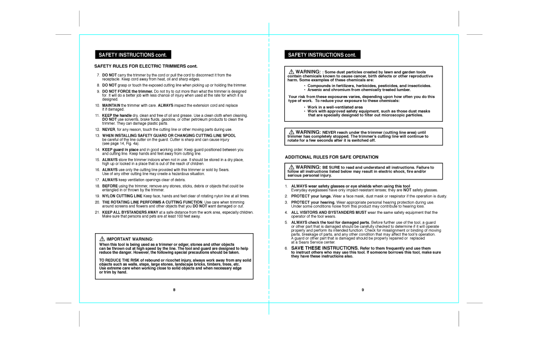 Craftsman 172.74544 warranty Safety Rules for Electric Trimmers, Important Warning, Additional Rules for Safe Operation 