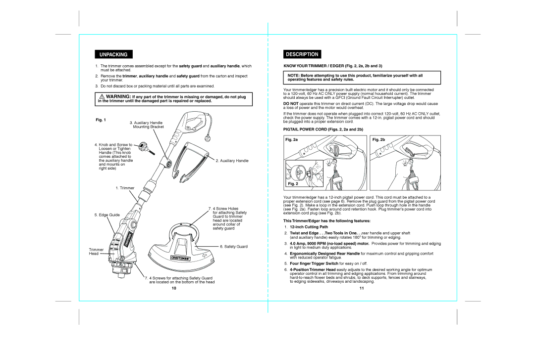 Craftsman 172.74544 Unpacking, Description, Know Your Trimmer / Edger , 2a, 2b, Pigtail Power Cord Figs , 2a and 2b 