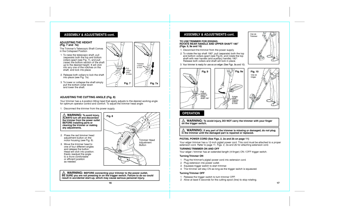 Craftsman 172.74544 warranty Operation, Adjusting the Height, Adjusting the Cutting Angle Fig, To USE Trimmer for Edging 