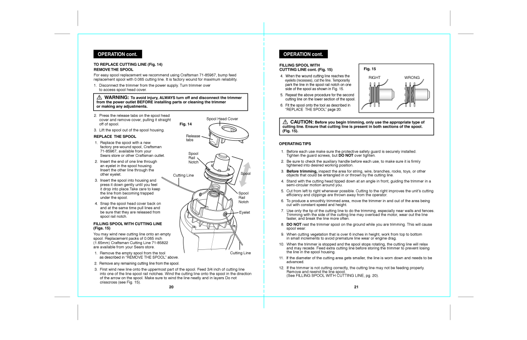 Craftsman 172.74544 warranty OPERATION cont, TO REPLACE CUTTING LINE Fig. REMOVE THE SPOOL 