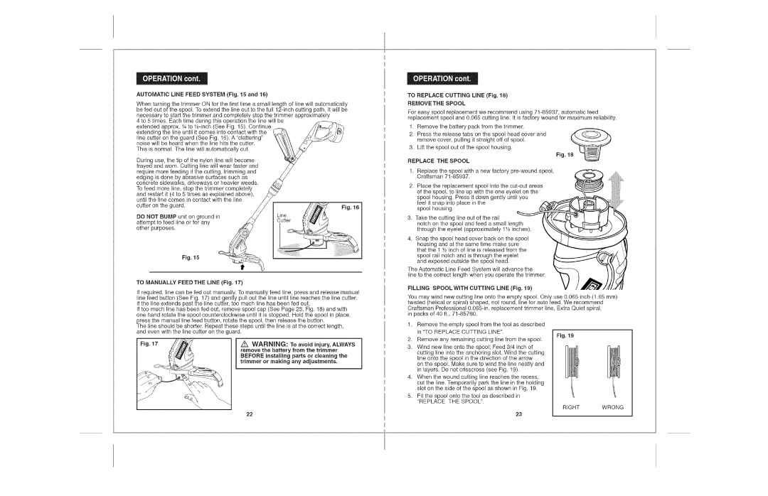 Craftsman 172.74815 warranty Automatic LiNE Feed System, To Manually Feedthe Line Fig, Installing 