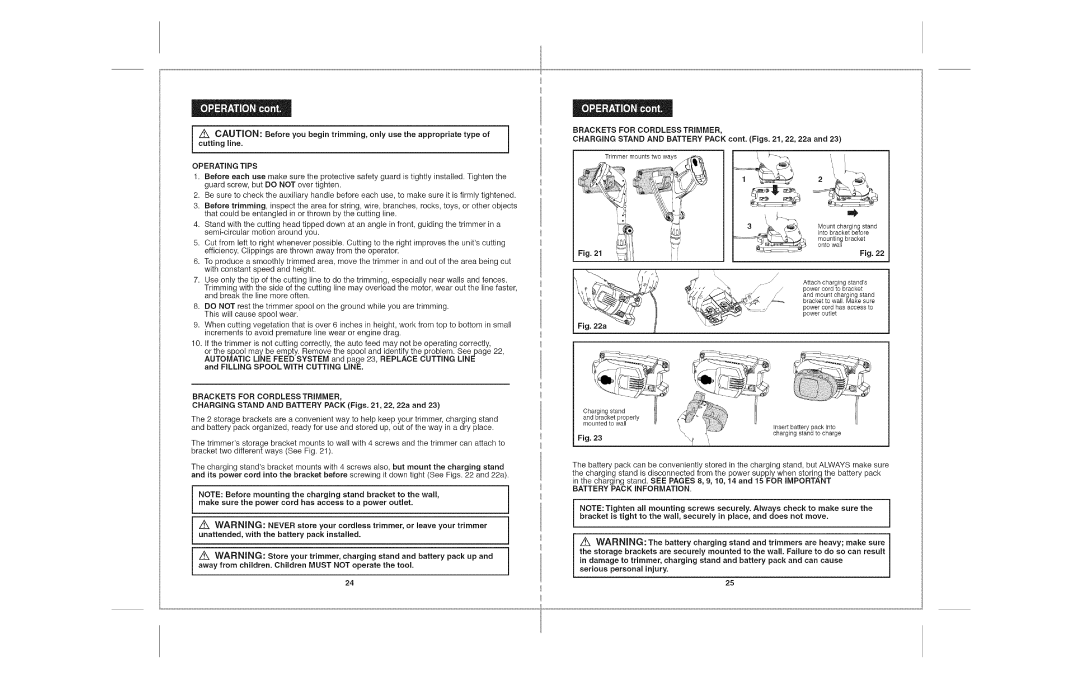 Craftsman 172.74815 warranty Operating Tips, Brackets for Cordless Trimmer, Battery Pack Information 