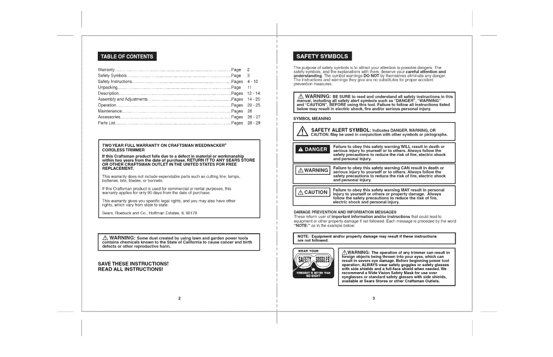 Craftsman 172.74815 warranty Symbol Meaning, Personal injury, Damage Prevention and Information Messages, Zwarning 