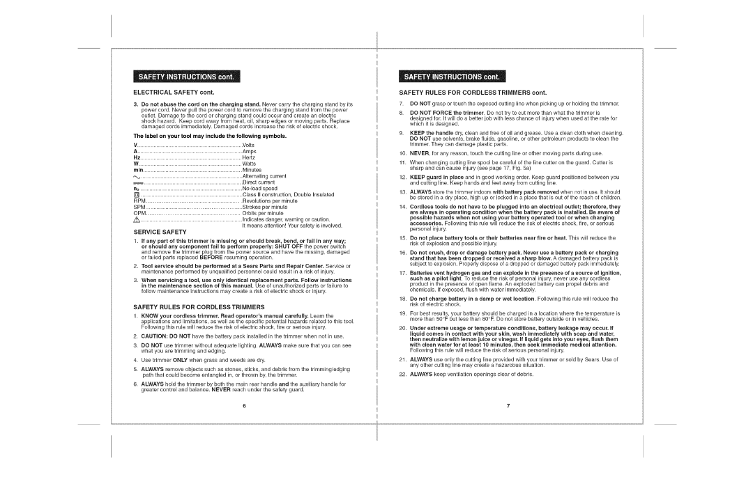 Craftsman 172.74815 warranty Electrical Safety, Safety Rules for Cordless Trimmers 