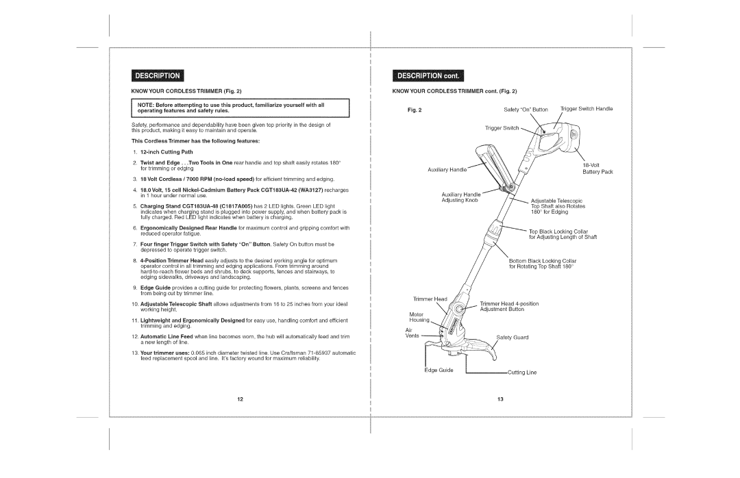 Craftsman 172.74815 warranty KNOWYOURCORDLESSTRIMMERFig, Know Your Cordlesstrimmer cont. Fig 