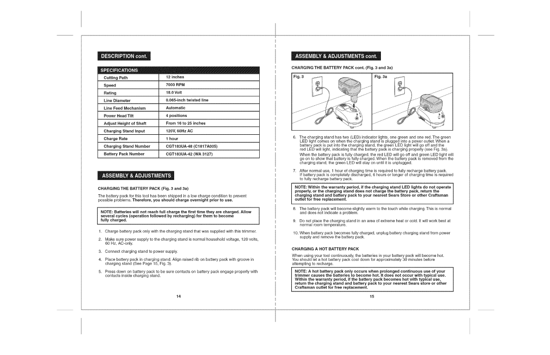 Craftsman 172.74815 warranty Charging the Battery Pack and 3a, Or other, Outlet for, Charging a HOT Battery Pack 