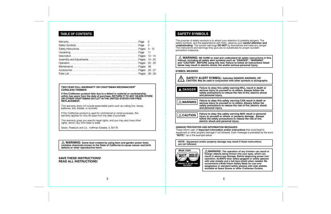 Craftsman 172.74815 warranty Safety Symbols, Table of Contents 