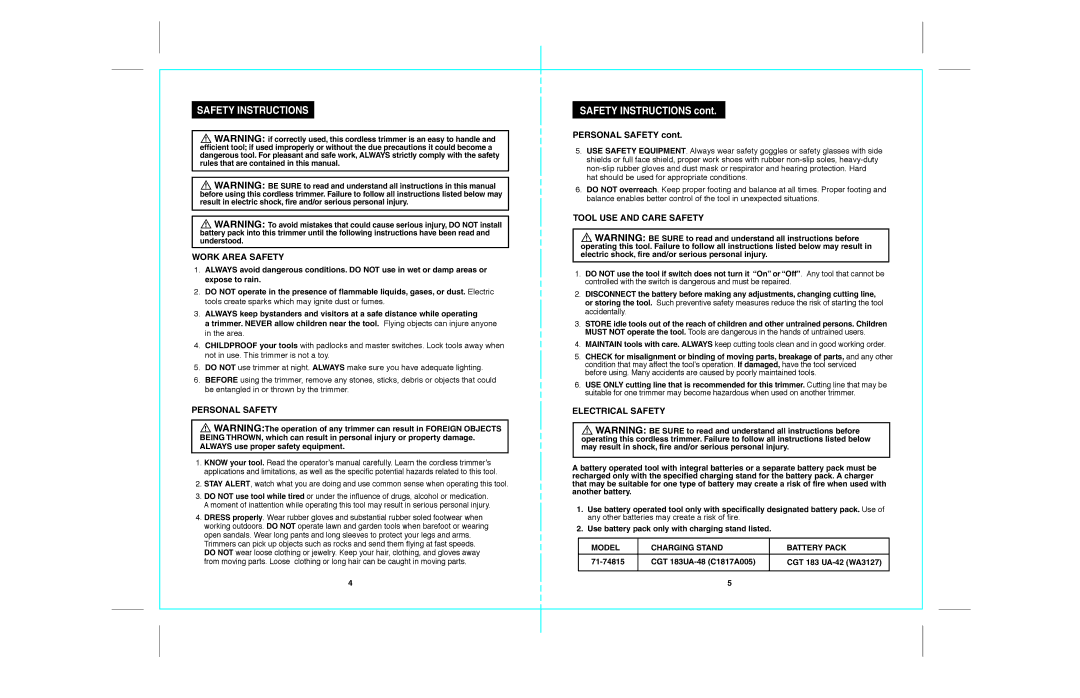 Craftsman 172.74815 Safety Instructions, Model Charging Stand Battery Pack, CGT 183UA-48 C1817A005 CGT 183 UA-42 WA3127 