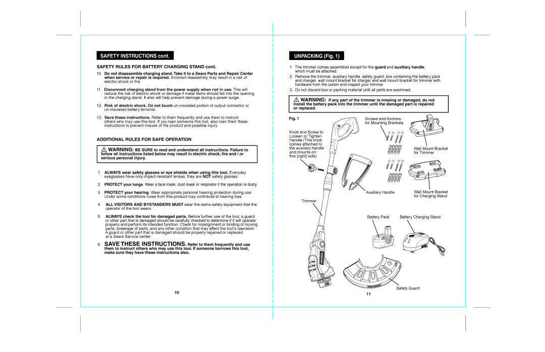 Craftsman 172.74815 Unpacking Fig, Serious personal injury, Save These INSTRUCTIONS. Refer to them frequently and use 