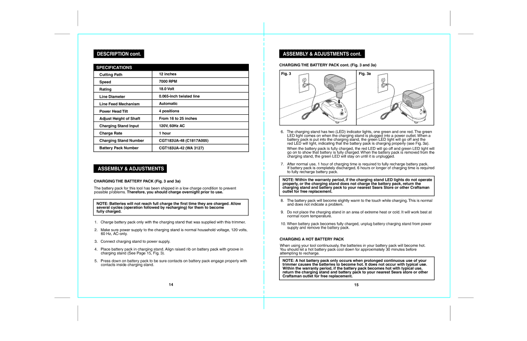 Craftsman 172.74815 warranty Assembly & Adjustments, Charging a HOT Battery Pack 