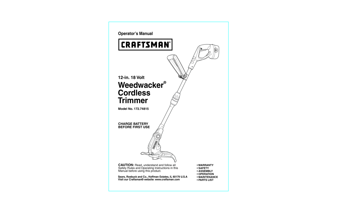 Craftsman 172.74815 warranty Model No, Weedwacker Cordless Trimmer, OperatorsManual 12-in.18 Volt 