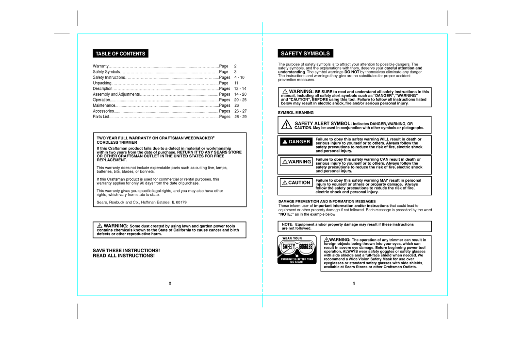 Craftsman 172.74815 Table Of Contents, Save These Instructions Read All Instructions, Danger, Safety Symbols, Pages 