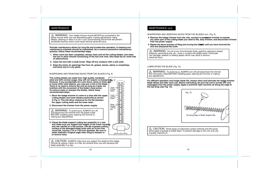 Craftsman 172.79957 operating instructions Maintenance, Sharpening and Removing Nicks from the Blades Fig 