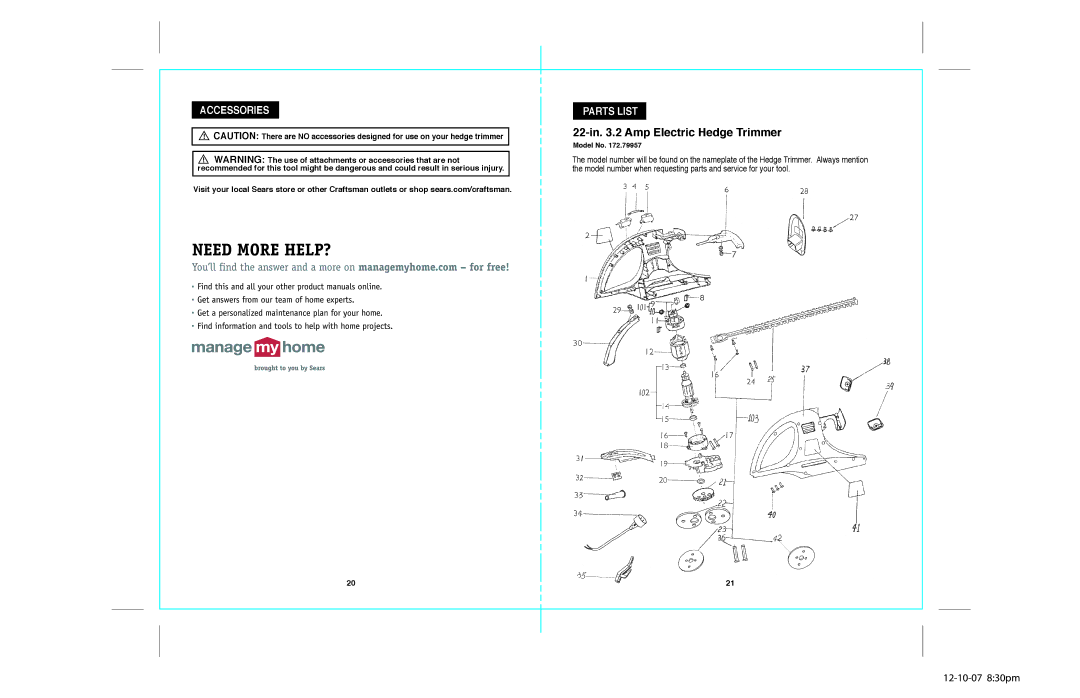 Craftsman 172.79957 operating instructions 22-in .2 Amp Electric Hedge Trimmer, Accessories Parts List 