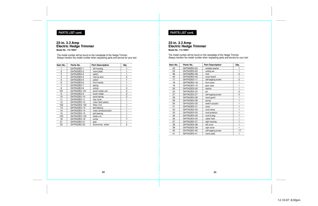 Craftsman 172.79957 operating instructions Parts List, Item No Parts No Part Description Qty 