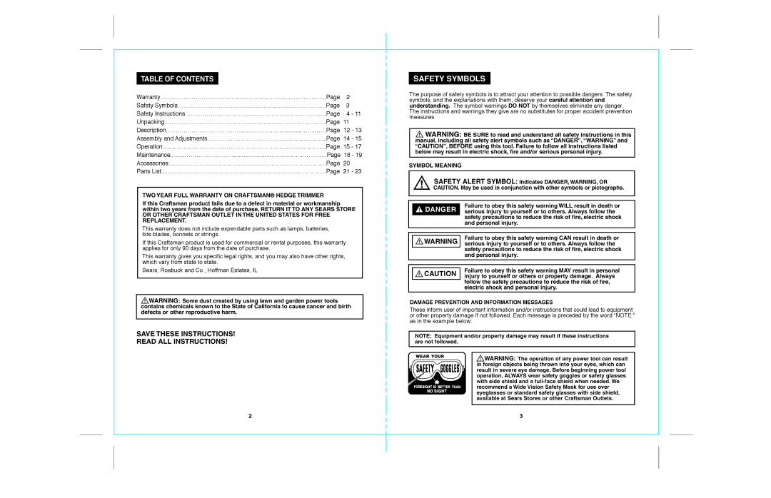 Craftsman 172.79957 operating instructions Safety Symbols, Table of Contents 