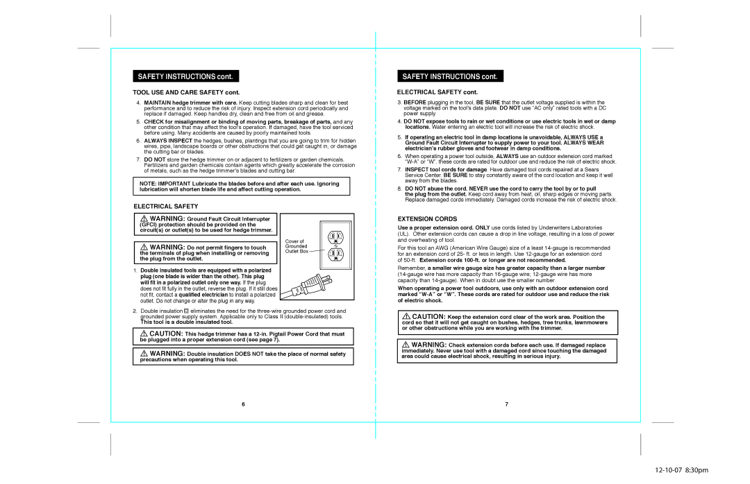 Craftsman 172.79957 Tool USE and Care Safety, Electrical Safety, Extension Cords, This tool is a double insulated tool 