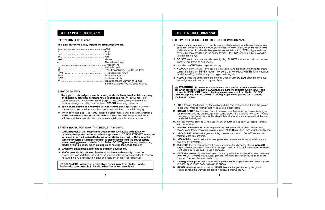 Craftsman 172.79957 operating instructions Extension Cords, Service Safety, Safety Rules for Electric Hedge Trimmers 