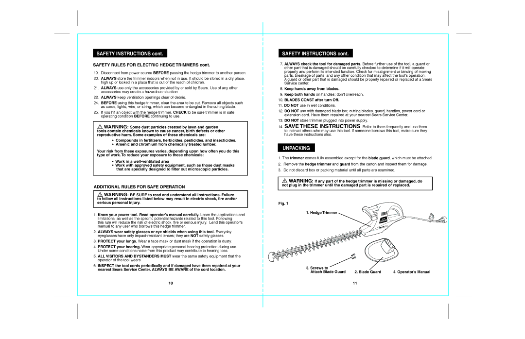 Craftsman 172.79957 operating instructions Unpacking, Additional Rules for Safe Operation, Keep hands away from blades 