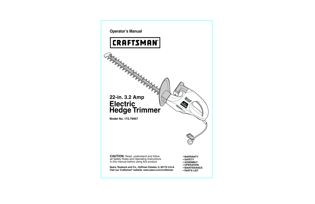 Craftsman 172.79957 operating instructions Model No, Warranty Safety Assembly Operation Maintenance Parts List 
