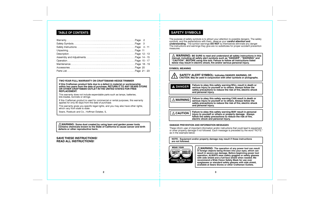 Craftsman 172.79957 Table Of Contents, Save These Instructions Read All Instructions, Safety Symbols, Danger 