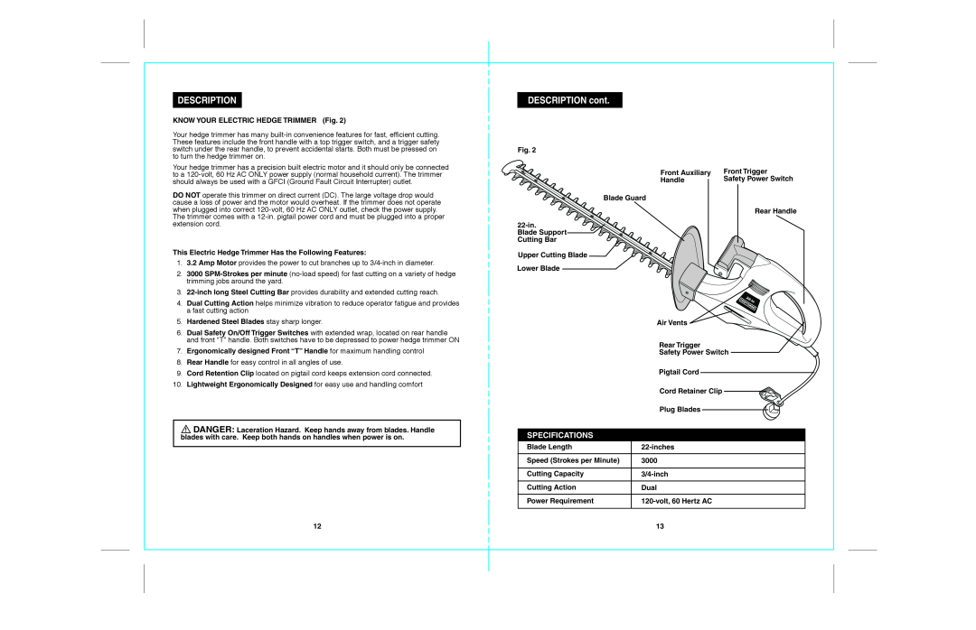 Craftsman 172.79957 operating instructions Description, DESCRIPTION cont, Specifications 
