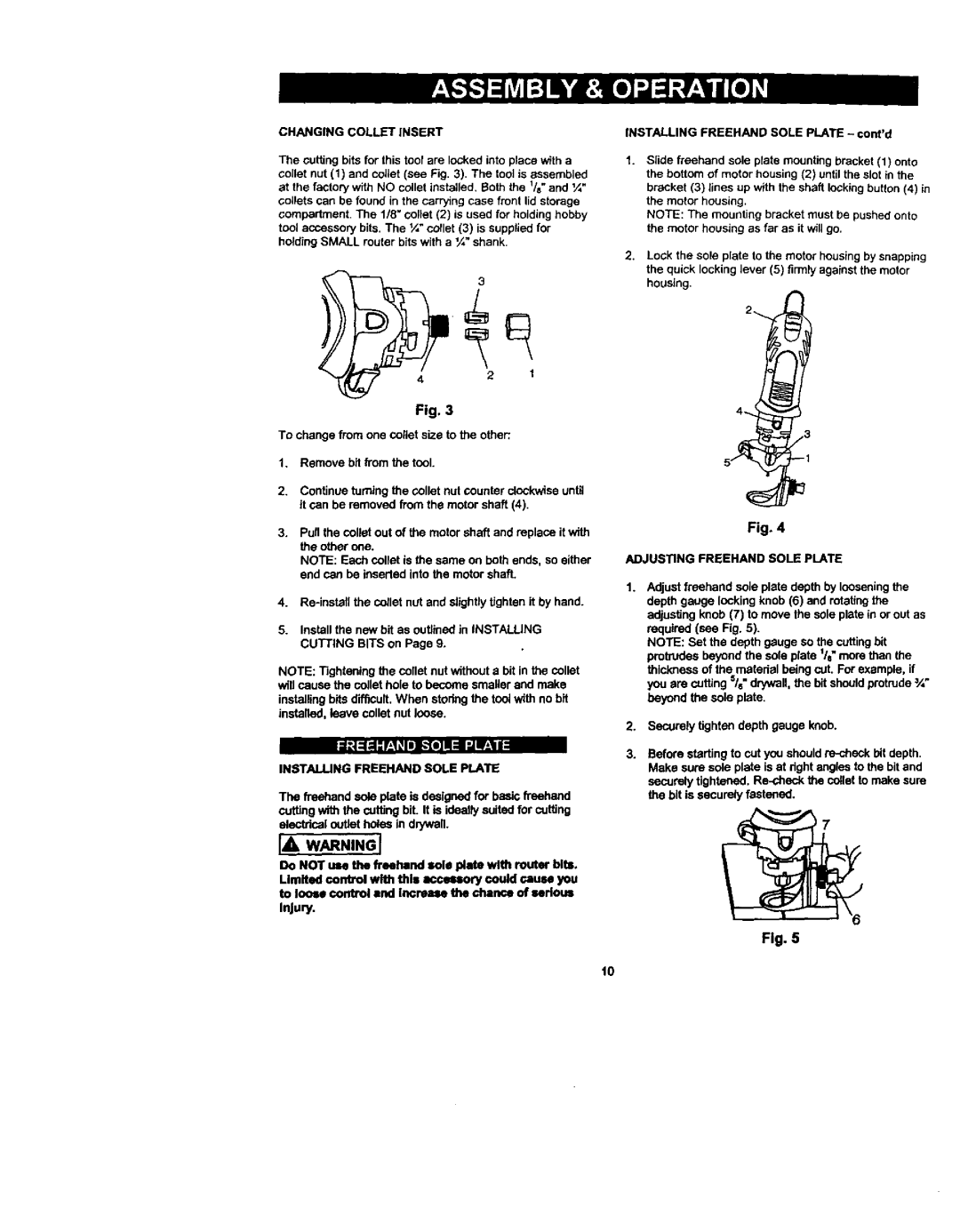 Craftsman 183.17253 owner manual Injury, Installing Freehand Sole Plate, Adjusting Freehand Sole Plate 