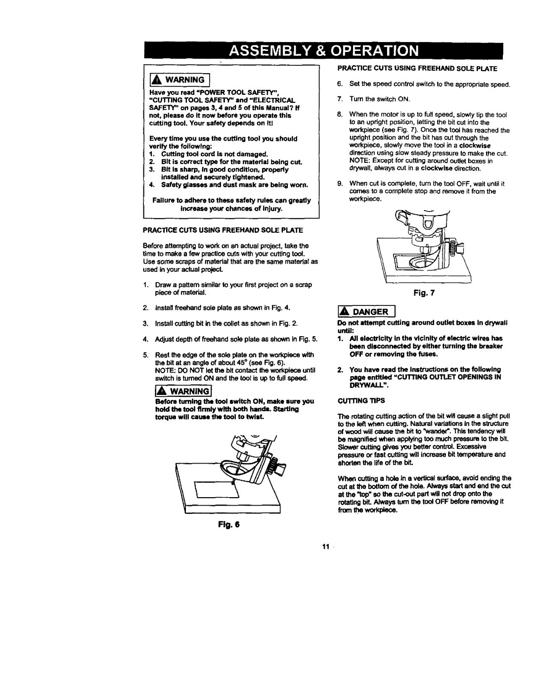 Craftsman 183.17253 owner manual Installcuttingbit in the collolas shownin Fig, Practice Cuts Using Freehand Sole Plate 