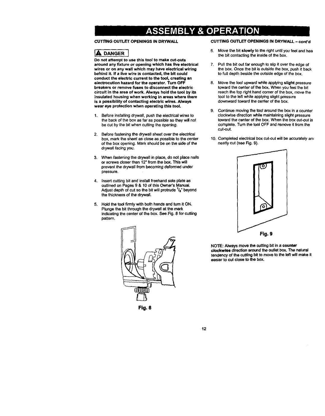 Craftsman 183.17253 owner manual Iaoangeri, Cutting Outlet Openings in Drywall 