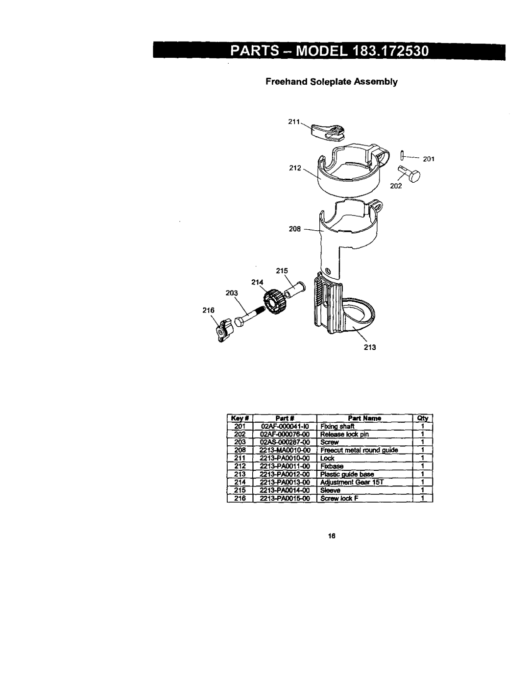 Craftsman 183.17253 owner manual Freehand Soleplate Assembly, 212 208 215 214 203 216, 2O2 213 Part Name 