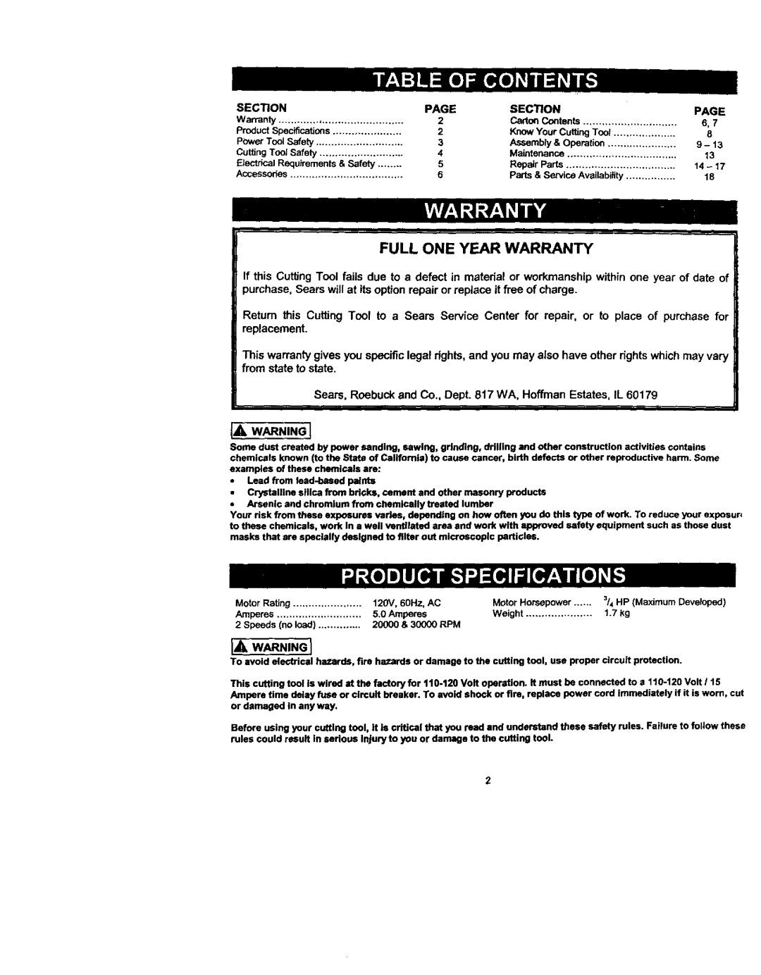 Craftsman 183.17253 owner manual Section, Rpm 